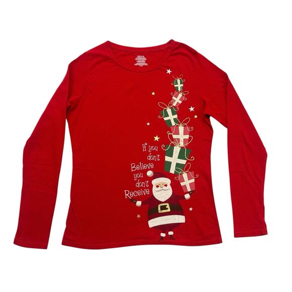 Christmas Shirt Womens Medium M Red Santa Claus Presents Long Sleeve Holiday - Picture 1 of 12